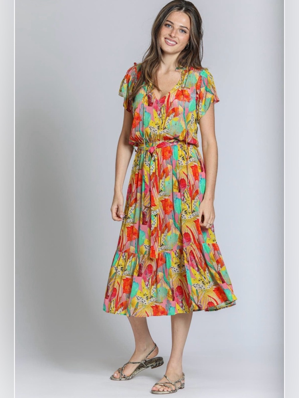 NWT APNY New York Floral Smocked Midi Dress Multi Color Cupro Viscose | XS